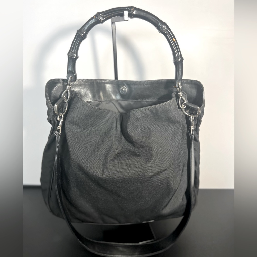 Gucci black nylon canvas hobo bag with leather strap and bamboo handle